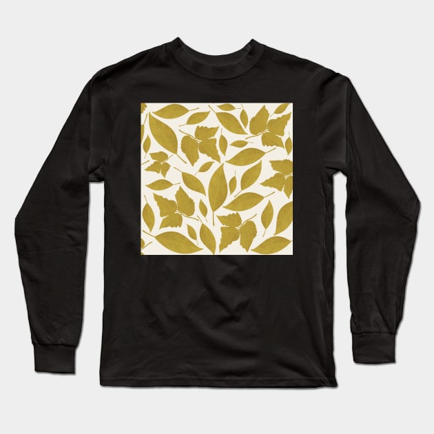 White Cream and Mustard Leaves Pattern Long Sleeve T-Shirt by WalkSimplyArt